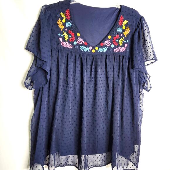 Shein Curve Top Plus Size 5XL Embroidered Blue Flutter Sleeve Lined Sheer Tufted - Picture 1 of 16